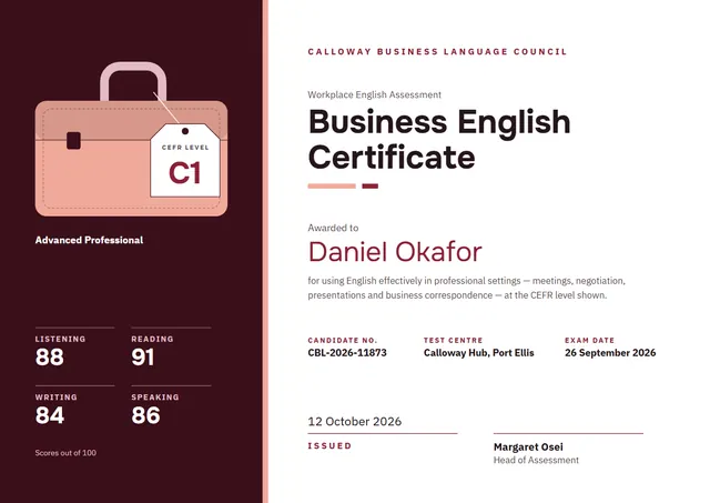 Burgundy Wave Business English Certificate template, A4 landscape, in burgundy