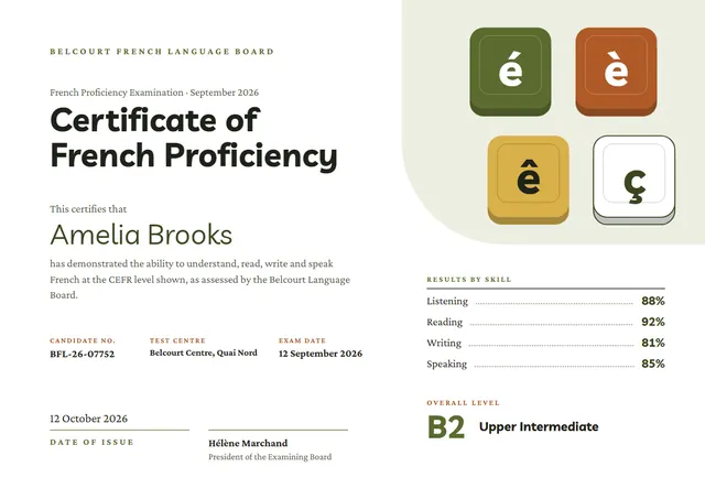 Olive Modern French Proficiency Certificate template, A4 landscape, in olive