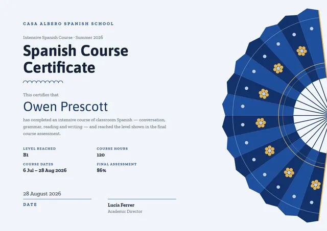 Navy Floral Spanish Course Certificate template, A4 landscape, in navy
