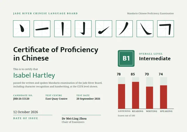 Jade Seal Chinese Proficiency Certificate template, A4 landscape, in jade