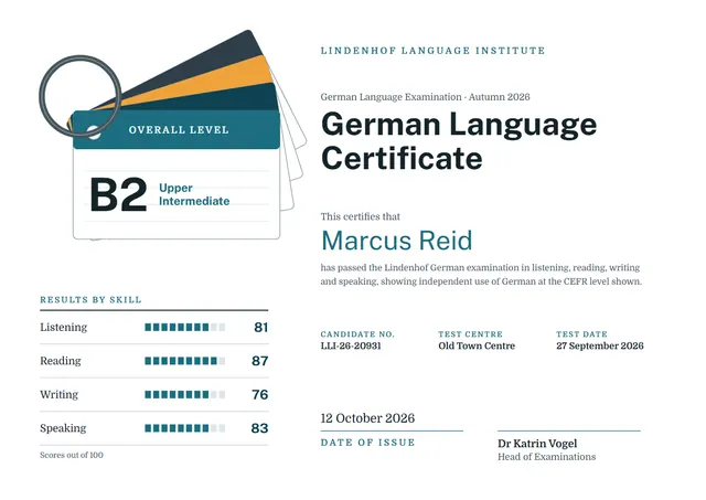 Ocean Blue Modern German Language Certificate template, A4 landscape, in ocean blue