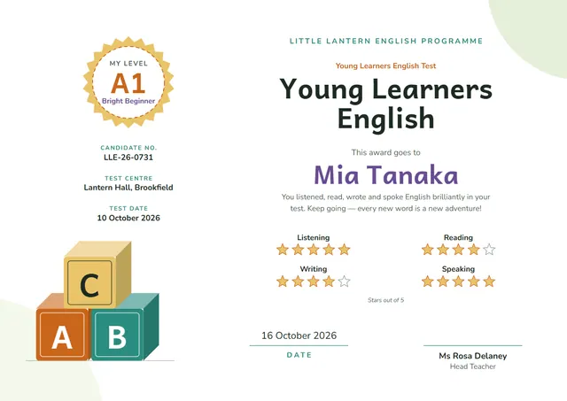 Sunshine Yellow Starry Young Learners English Certificate template, A4 landscape, in sunshine yellow
