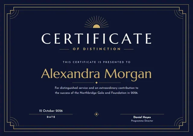 Midnight Sunburst Certificate of Distinction template, A4 landscape, in midnight blue
