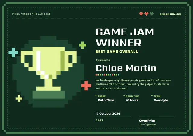Forest Green Trophy Game Jam Winner Certificate template, A4 landscape, in forest green