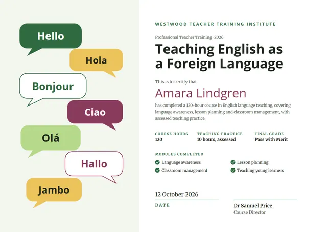 Raspberry Cloud TEFL Certificate template, A4 landscape, in raspberry
