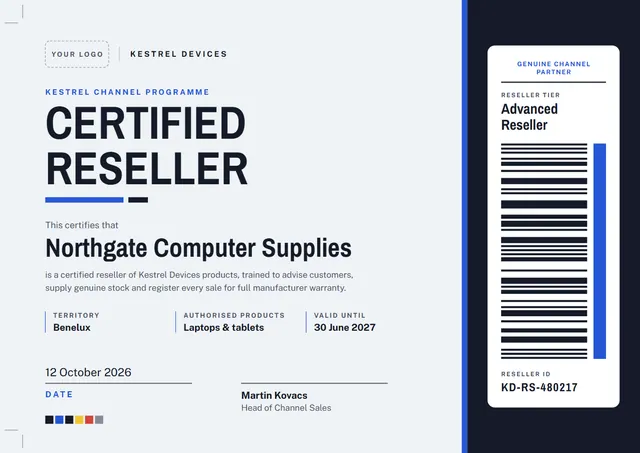 Midnight Ticket Certified Reseller Certificate template, A4 landscape, in midnight blue