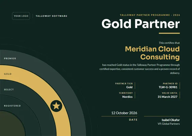 Forest Green Orbit Gold Partner Certificate template, A4 landscape, in forest green