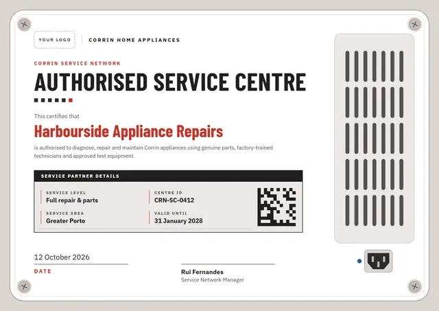 Terracotta Chart Authorised Service Centre Certificate template, A4 landscape, in terracotta