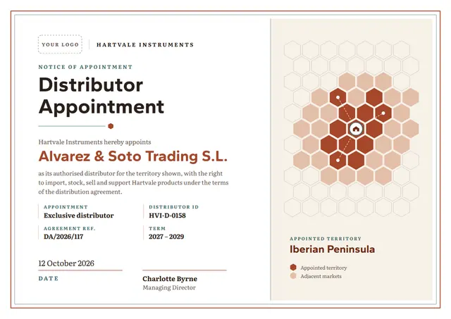 Brick Red Globe Distributor Appointment Certificate template, A4 landscape, in brick red