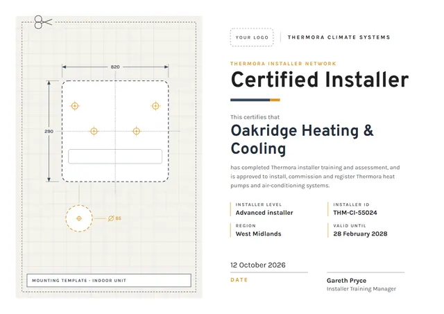 Mustard Modern Certified Installer Certificate template, A4 landscape, in mustard