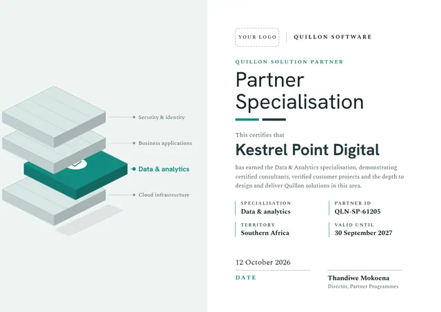 Teal Badge Solution Partner Certificate template, A4 landscape, in teal
