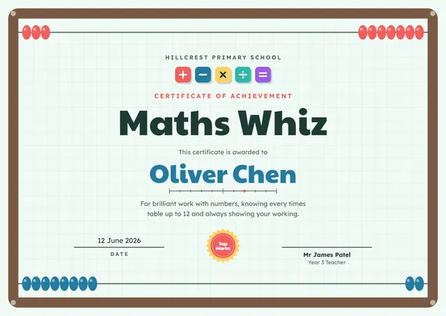 Bronze Badge Maths Whiz Award template, A4 landscape, in bronze