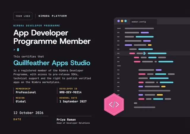 Sky Blue Badge App Developer Programme Certificate template, A4 landscape, in sky blue