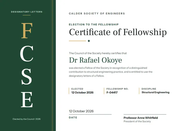Forest Green Banded Fellowship Certificate template, A4 landscape, in forest green