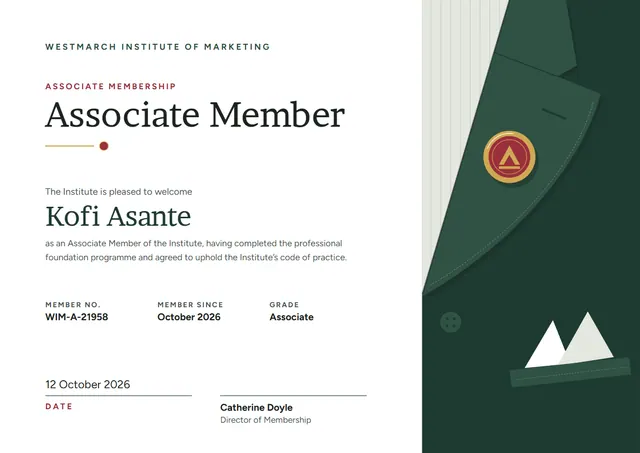 Forest Green Wave Associate Member Certificate template, A4 landscape, in forest green