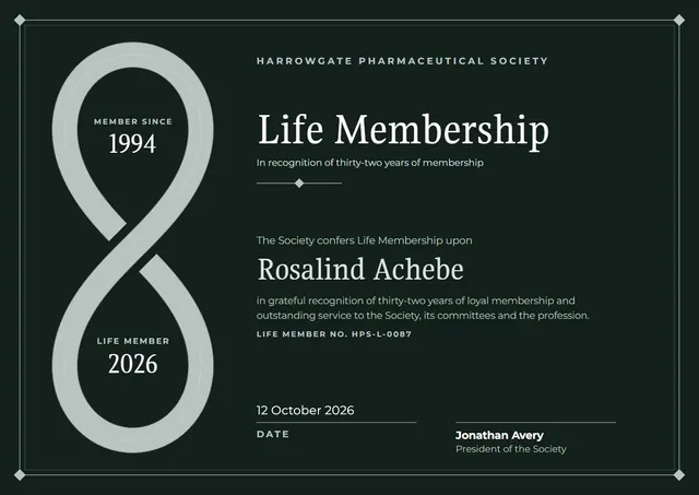 Forest Green Ornate Life Membership Certificate template, A4 landscape, in forest green