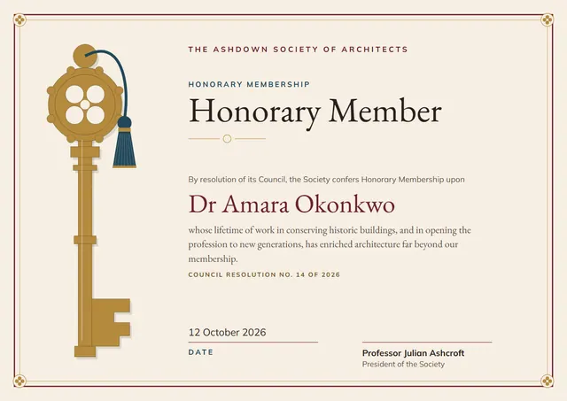 Burgundy Ornate Honorary Membership Certificate template, A4 landscape, in burgundy