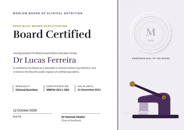 Plum Seal Board Certified Certificate template, A4 landscape, in plum