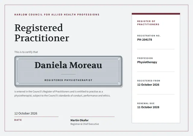 Burgundy Bordered Registered Practitioner Certificate template, A4 landscape, in burgundy