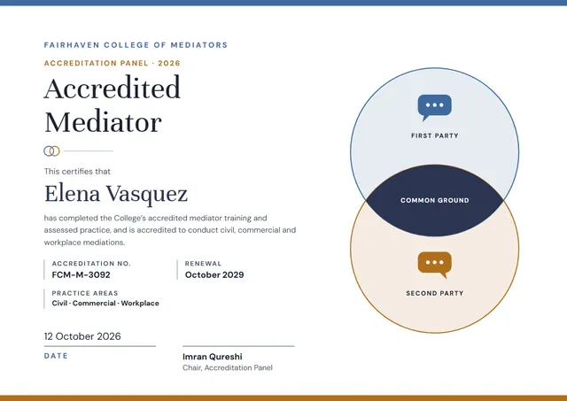 Bronze Confetti Accredited Mediator Certificate template, A4 landscape, in bronze