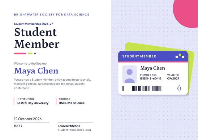 Lime Ticket Student Membership Certificate template, A4 landscape, in lime