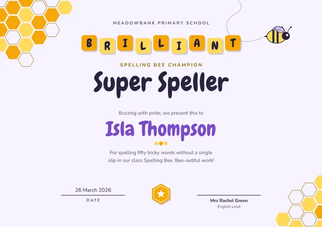Purple Medal Spelling Bee Certificate template, A4 landscape, in purple