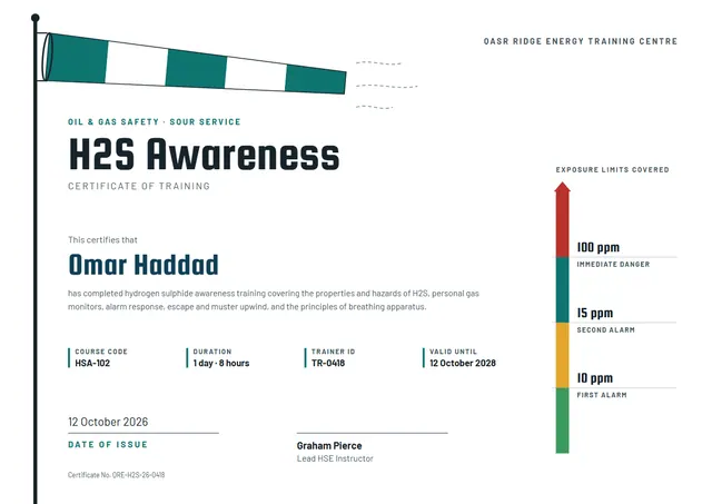 Slate Banded H2S Awareness Certificate template, A4 landscape, in slate grey