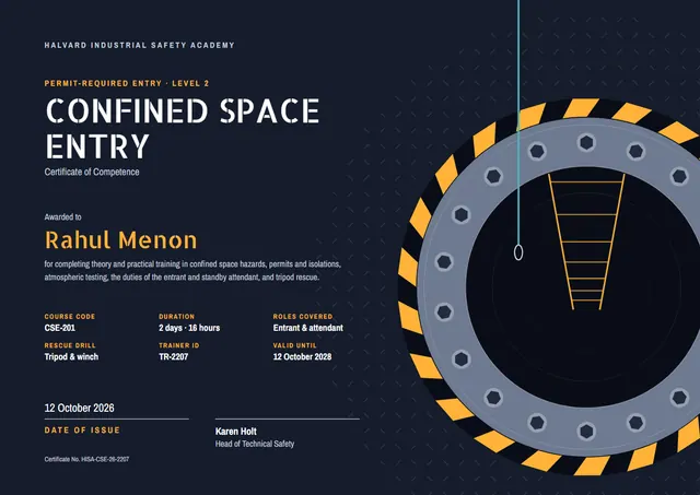 Sunshine Yellow Banded Confined Space Entry Certificate template, A4 landscape, in sunshine yellow