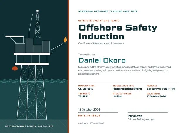 Midnight Crown Offshore Safety Induction Certificate template, A4 landscape, in midnight blue