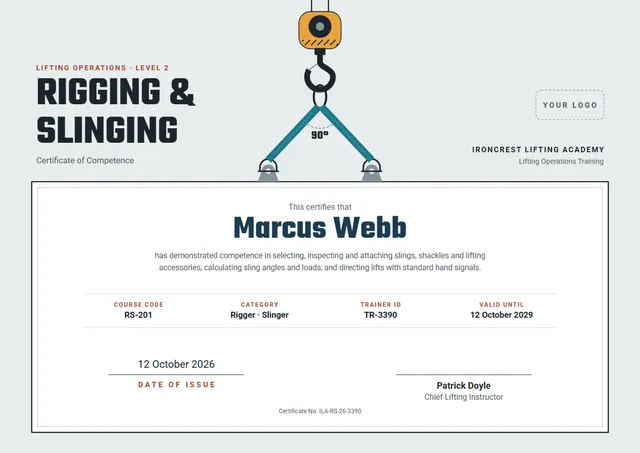 Navy Geometric Rigging & Slinging Certificate template, A4 landscape, in navy