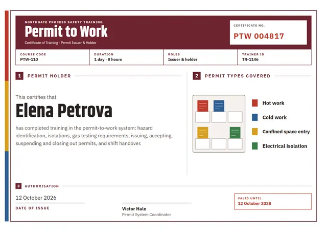 Burgundy Bordered Permit to Work Certificate template, A4 landscape, in burgundy