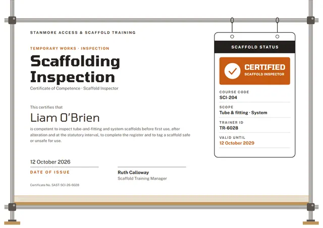 Orange Badge Scaffolding Inspection Certificate template, A4 landscape, in orange