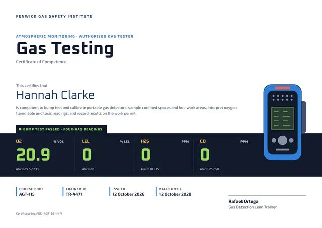 Midnight Mountain Gas Testing Certificate template, A4 landscape, in midnight blue