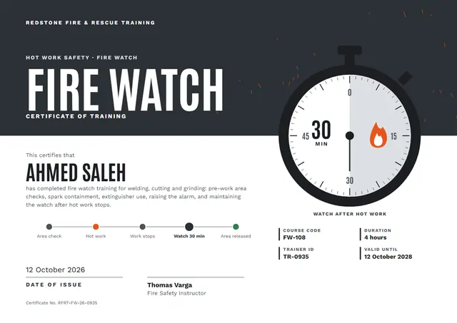 Orange Crown Fire Watch Certificate template, A4 landscape, in orange