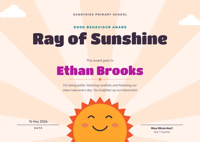 Orange Sunburst Good Behaviour Award template, A4 landscape, in orange