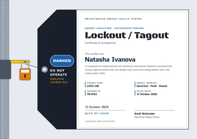 Midnight Geometric Lockout Tagout Certificate template, A4 landscape, in midnight blue