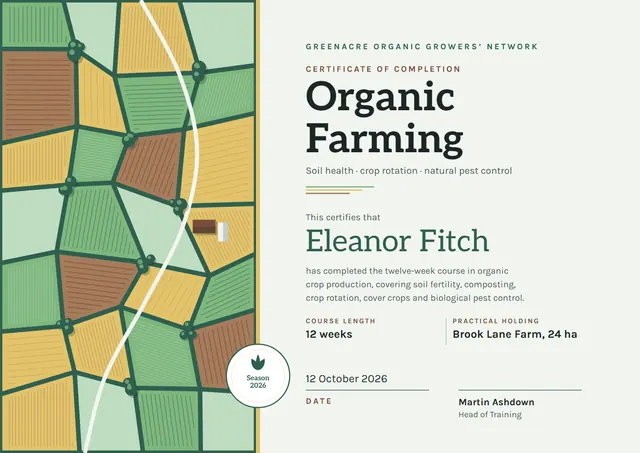 Forest Green Wave Organic Farming Certificate template, A4 landscape, in forest green