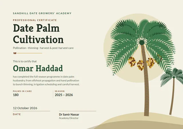 Gold Sunburst Date Palm Cultivation Certificate template, A4 landscape, in gold
