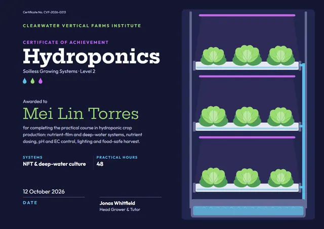 Midnight Wave Hydroponics Certificate template, A4 landscape, in midnight blue