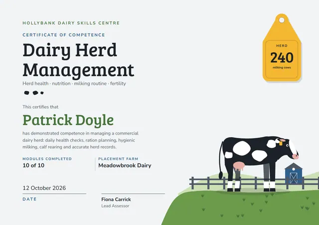 Olive Mountain Dairy Herd Management Certificate template, A4 landscape, in olive