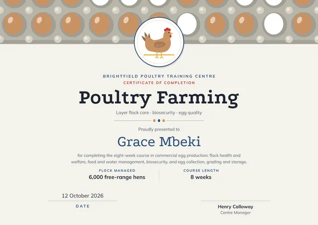 Gold Medal Poultry Farming Certificate template, A4 landscape, in gold