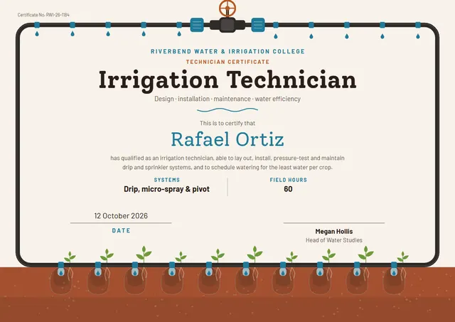 Ocean Blue Wave Irrigation Technician Certificate template, A4 landscape, in ocean blue