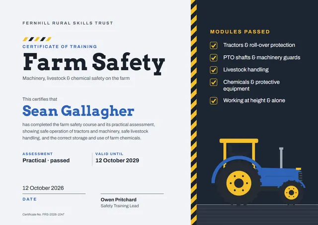 Midnight Wave Farm Safety Certificate template, A4 landscape, in midnight blue
