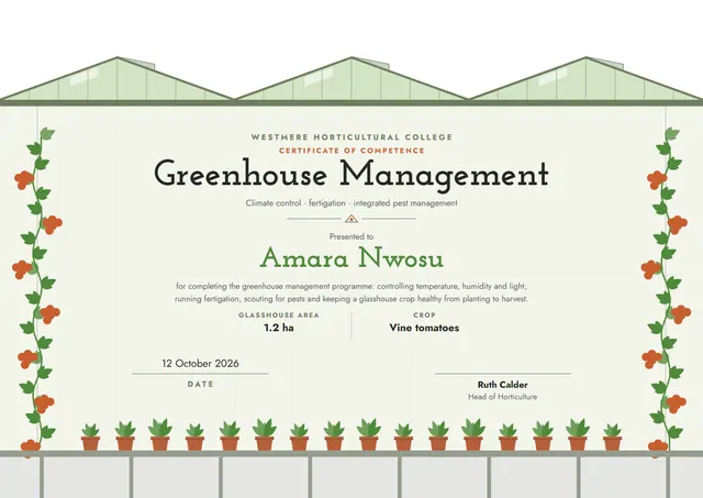 Olive Leafy Greenhouse Management Certificate template, A4 landscape, in olive