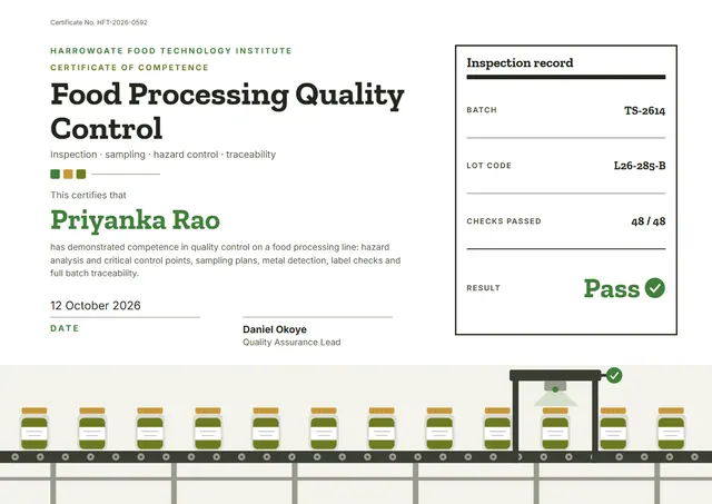 Jade Badge Food Processing Quality Control Certificate template, A4 landscape, in jade