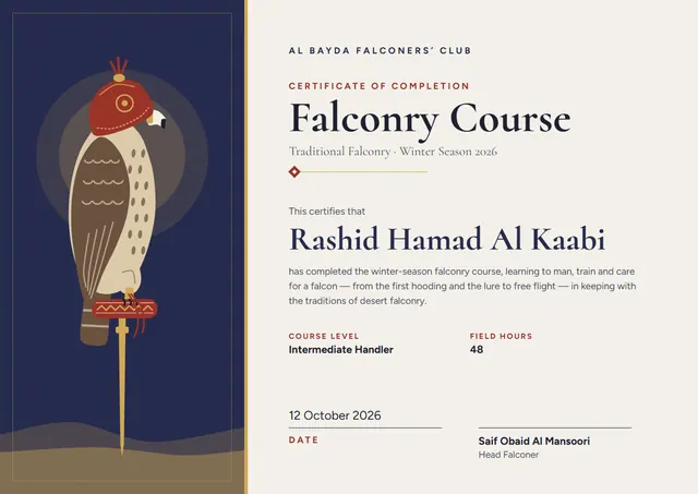 Navy Sunburst Falconry Course Certificate template, A4 landscape, in navy