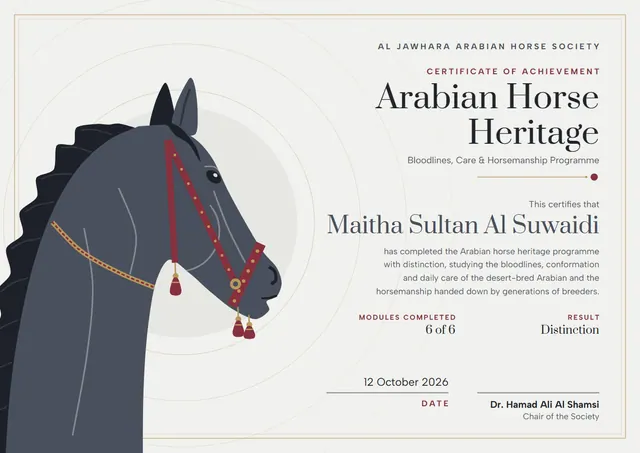 Gold Double-Border Arabian Horse Heritage Certificate template, A4 landscape, in gold