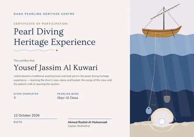 Navy Wave Pearl Diving Experience Certificate template, A4 landscape, in navy