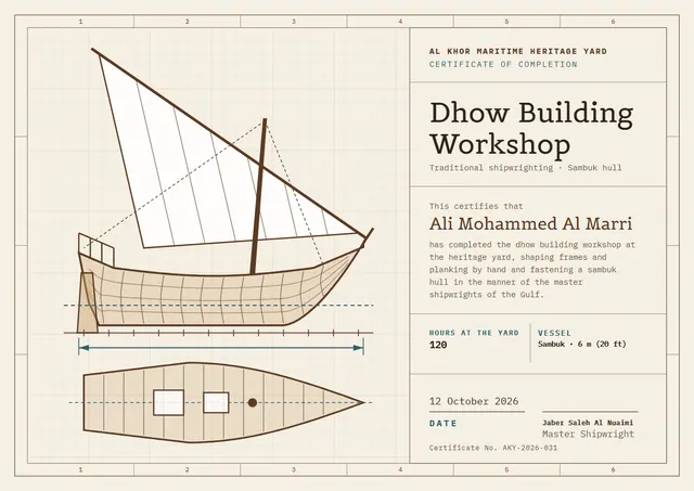 Chocolate Wave Dhow Building Workshop Certificate template, A4 landscape, in chocolate