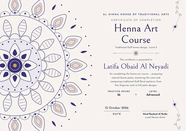 Charcoal Floral Henna Art Course Certificate template, A4 landscape, in charcoal grey